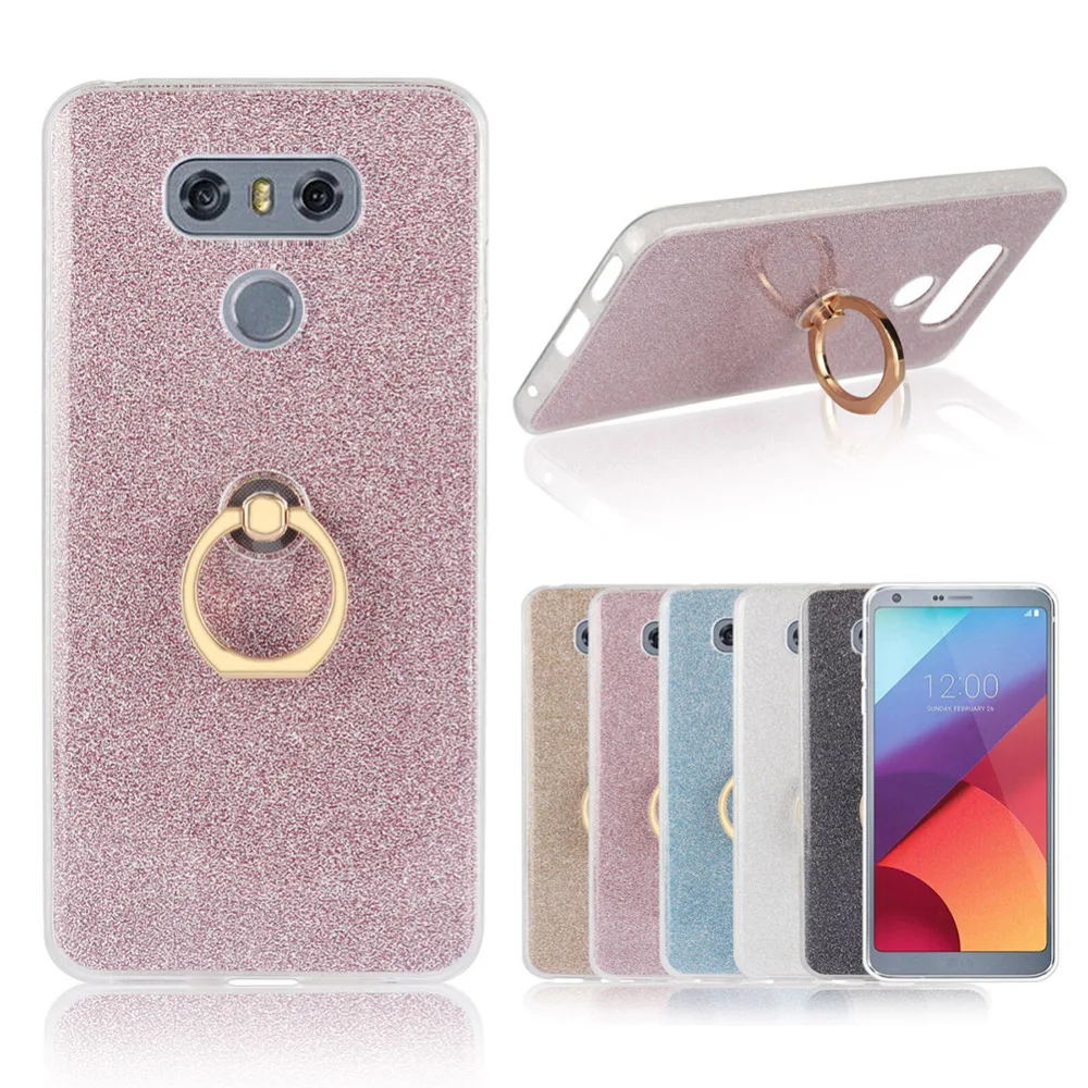 Fashion Bling Glitter Phone Case for LG G6 Soft TPU Silicone Cover Finger Ring Holder Stand Anti