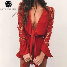 Conmoto Повседневный красный укороченный комбинезон с глубоким v-образным вырезом, сексуальный пляжный комбинезон с длинными рукавами, короткий ромпер в стиле бохо