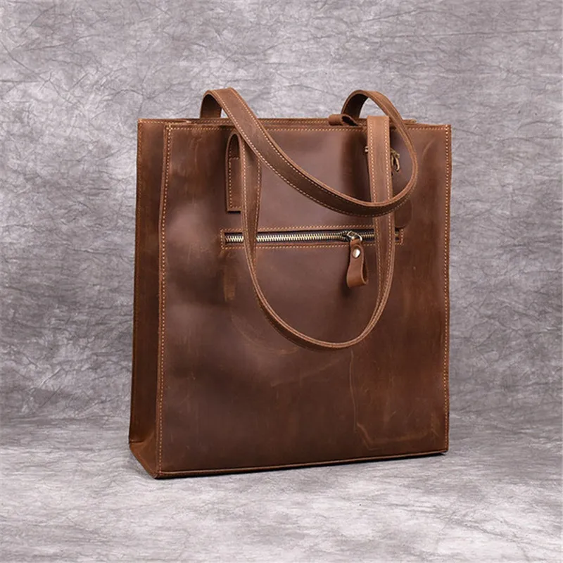  PNDME crazy horse cowhide simple ladies tote bag vintage genuine leather handbags shoulder bag hold