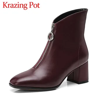 

Western boots solid genuine leather new fashion square toe high thick heels zipper mature female riding runway ankle boots L91