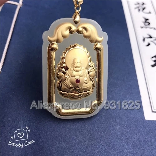 

Natural White HeTian Yu 100% Full Gold Inlaid Carved Chinese Buddha Lucky Amulet Pendant + Rope Necklace + Certificate Jewelry