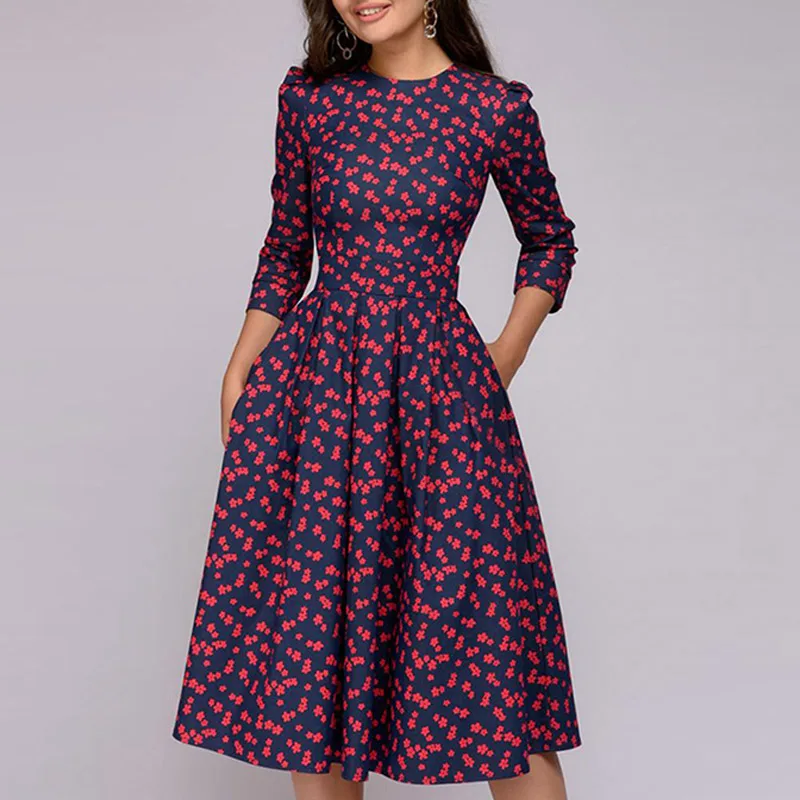 

Women Retro Floral Print 3/4 Sleeve A-Line Dresses for Autumn Spring NYZ Shop