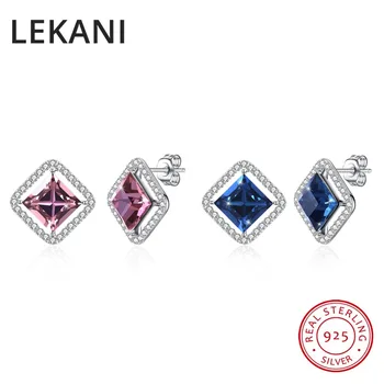 

LEKANI Crystals From SWAROVSKI Fashion Square Stud Earrings Real S925 Silver Piercing Fine Jewelry For Women Joyas