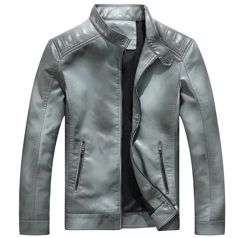 Куртка из искусственной кожи градиентного цвета для мужчин; Повседневная модная Готическая мотоциклетная байкерская куртка в стиле панк с воротником-стойкой; флисовые кожаные пальто jaqueta couro - Цвет: Серый