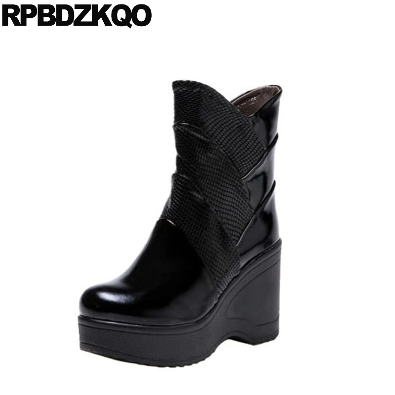 Plateforme Luxe À 2018 Compensées Véritable Talons En Chaussures Serpent Noir Bout De Brevet Bottines Taille Rond Hauts 34 Femmes Cuir CxoWQrBed