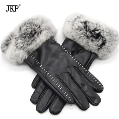 JKP новые роскошные женские перчатки с натуральным кроличьим мехом Рекс черные перчатки из натуральной овечьей кожи зимние перчатки из натуральной кожи Горячие толстые перчатки - Цвет: B