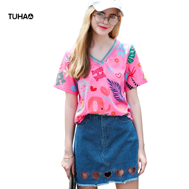 TUHAO 2018 летние топы корректирующие Мода V образным вырезом с буквенным принтом Повседневная футболка для дам короткий рукав футболки