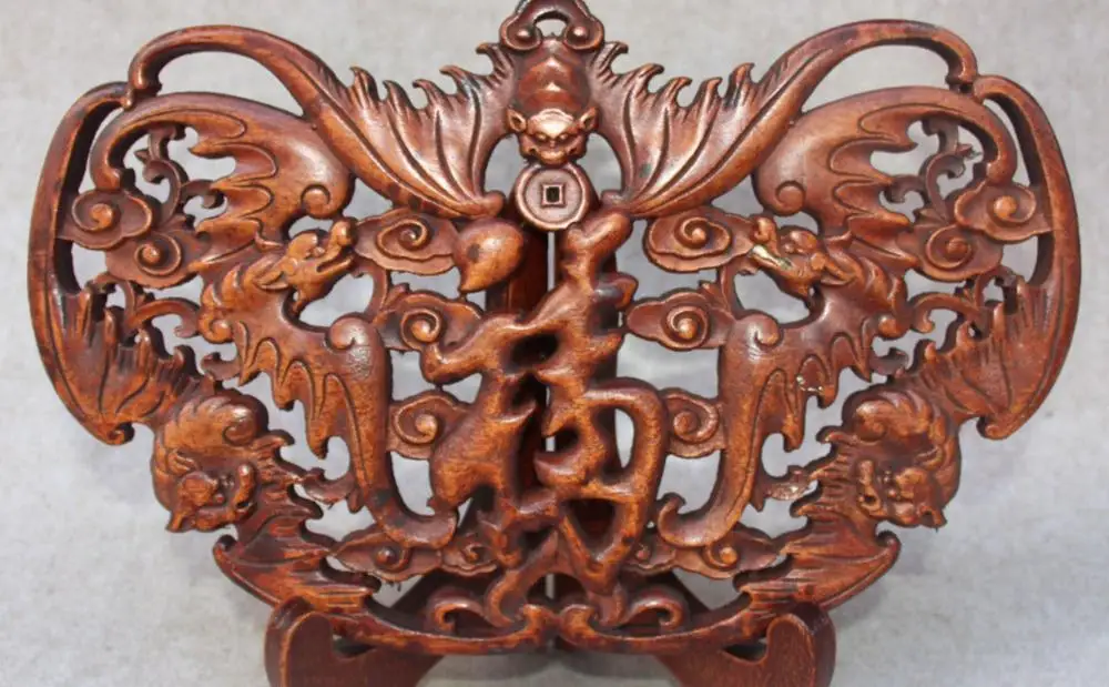 

13" Chinese Wood Carving Five Bat Bats Beast Word "" Folding Screen Statue