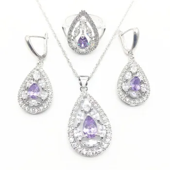 

Australia Purple Opal White Stones Silver Color Jewelry Sets For Women Necklace Pendant Drop Earrings Rings