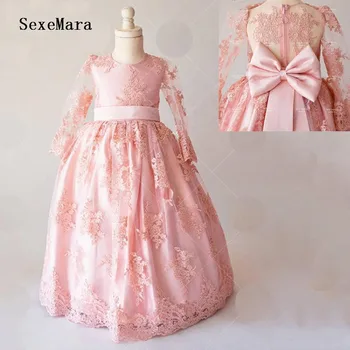 

New Cute Pink Lace Baby Girl Birthday Dress Long Sleeves Little Baby Chic Formal Party Gowns Flower Girl Dress for Wedding
