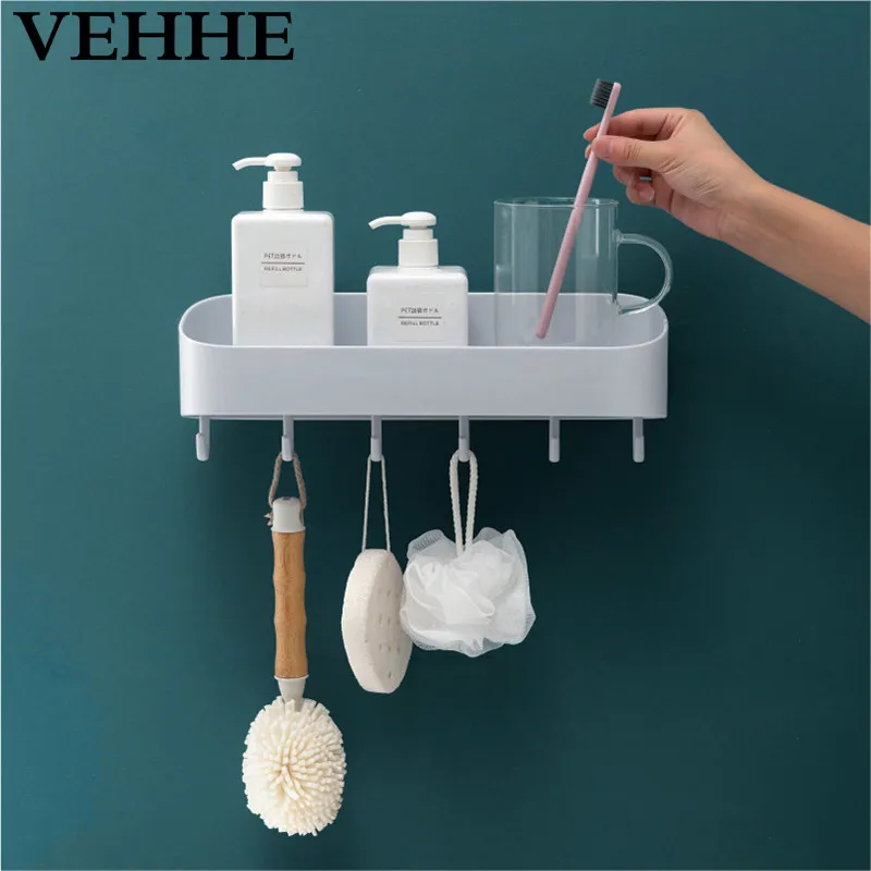 

VEHHE Kitchen Bathroom Multi-function Self-adhesive Rack Storage Shelf with Hooks Living Room Powerful Storage Organizer No Nail