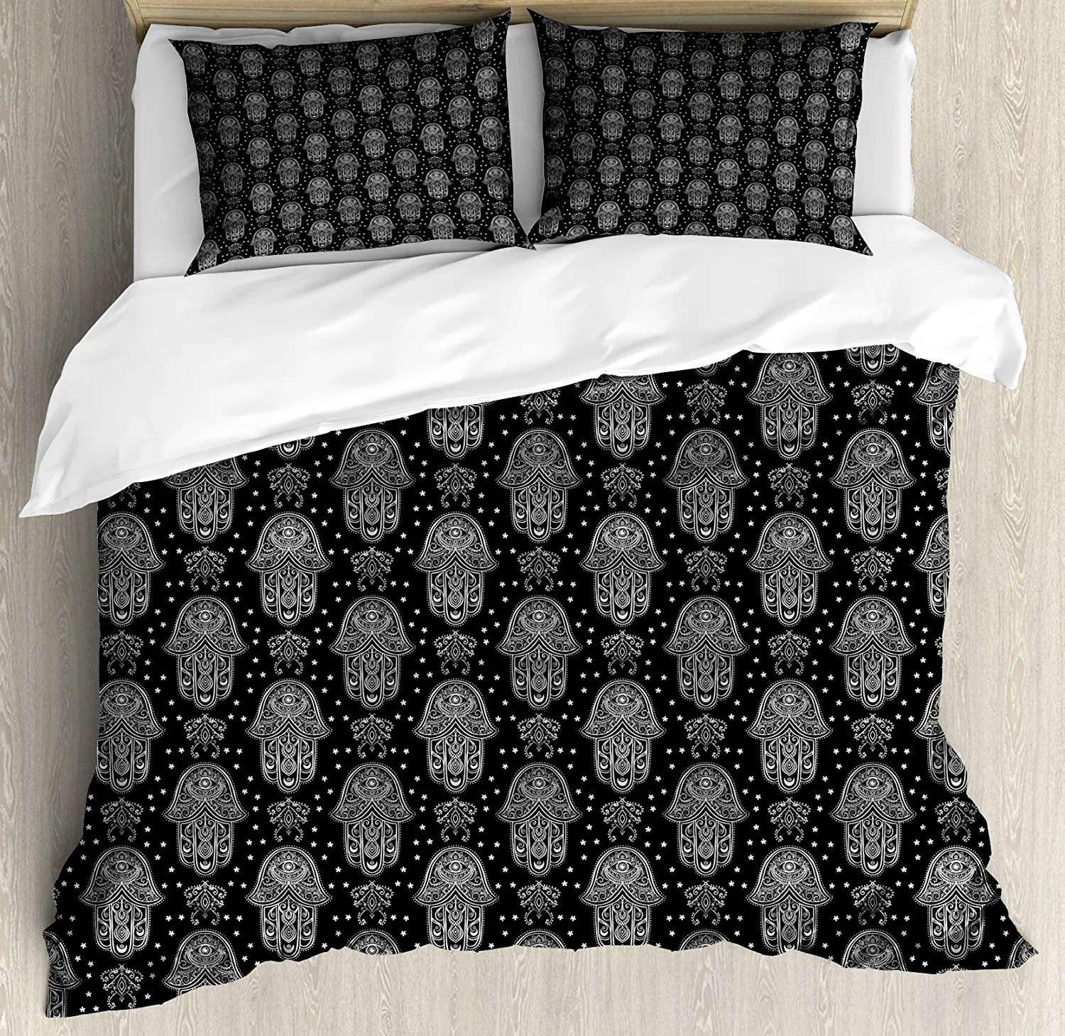 

Black White King Size Duvet Cover Set All Seeing Eye Motif in Middle Eastern HDesign Monochrome Mandala Bedding Set Black White