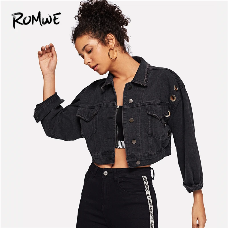 ROMWE Black Crop Top Jacket Women Denim Ring Detail Dual Pocket Jackets Ladies 2018 Fall Jeans Jackets Womens Clothing Outerwear ROMWE Black Crop Top Jacket Women Denim Ring Detail Dual Pocket Jackets Ladies 2018 Fall Jeans Jackets Womens Clothing Outerwear