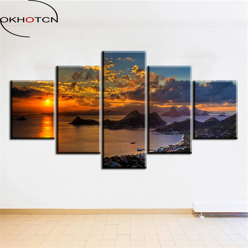 Okhotcn Framework Ocean Sunset Oil Painting Canvas Prints Ready To Hung 5 Pieces Wall Art Pictures For Living Room Decoration Oil Painting Canvas Sunset Oil Paintingoil Painting Aliexpress