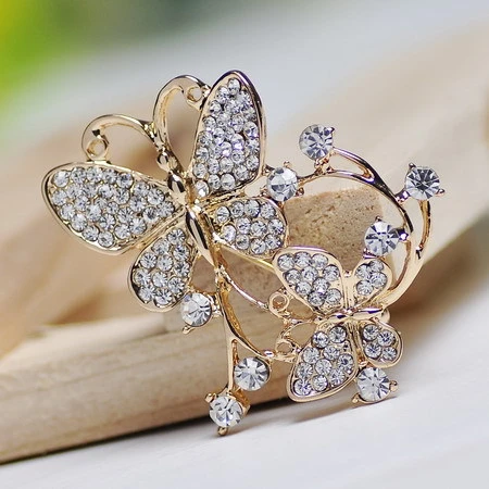 Hesiod Gold Color Double Butterfly Brooch Pins Vintage Crystal Rhinestone  Wedding Banque Brooch Corsage Jewelry Mother day Gifts