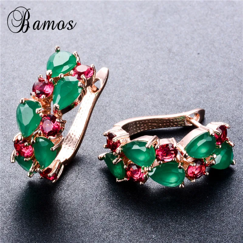 Bamos очаровательные красные камни по месяцу рождения, заполненные розовым золотом серьги-гвоздики для влюбленных, циркониевые серьги ААА с зеленым сердцем, разноцветные женские свадебные Лучшие подарки