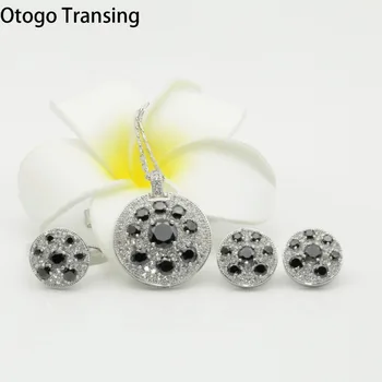 

Otogo Transing Fashion Wedding Bridal Black Crystal Women Round Design Silver Color Jewelry Set Necklace/ Earrings/Rings-S254
