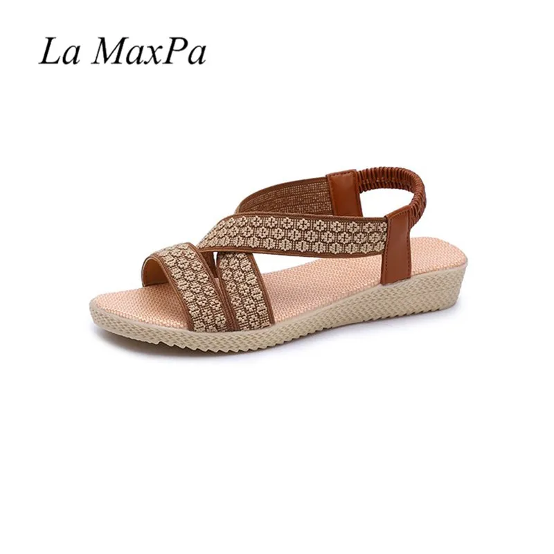 

Female Summer Sandals New 2018 Flat With Open Toe Plus Size Beach Shoes Solid Color Elastic Stretch Fabric Roman Cross Footwear