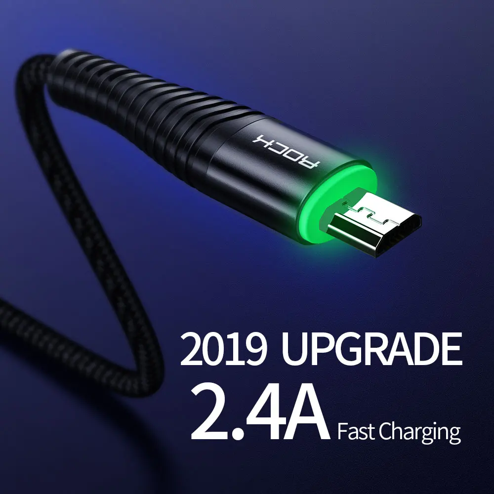 صخرة LED المصغّر USB كابل مزامنة بيانات 2.4A سريع وصلة شحن لأجهزة سامسونج هواوي Xiaomi Andriod USB سلك Microusb الهاتف المحمول الكابلات