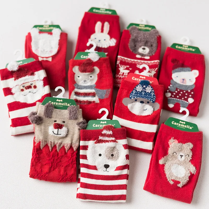 Caramella Christmas Socks New Year Gift autumn winter women red cute cartoon animal cotton socks ladies straight sock 4pair/lot