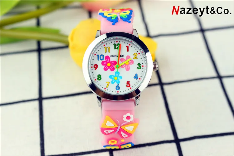 Бесплатная доставка, красивые кварцевые часы с цветочным циферблатом для девочек, 3D, маленькие дети, Бабочка, силиконовый ремешок, наручные