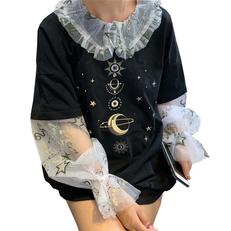 

Long Sleeve Tops Women T-shirt Planet Stitching Lace Loose Top Tees Summer Casual Sweet Cute Tee