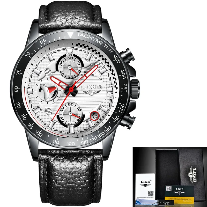 LIGE мужские часы Топ бренд класса люкс полностью стальные часы спортивные кварцевые часы мужские деловые водонепроницаемые мужские повседневные часы Relogio Masculino - Цвет: leather black white