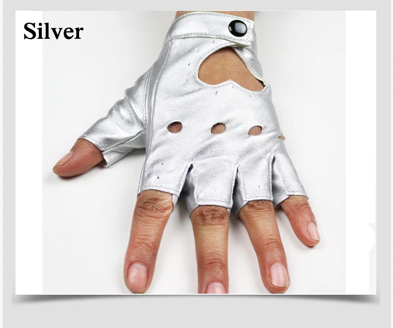 Женские полупальчиковые перчатки в стиле хип-хоп, женские перчатки из искусственной кожи с сердечками, без пальцев, для девочек, для выступлений, танцев - Цвет: Silver