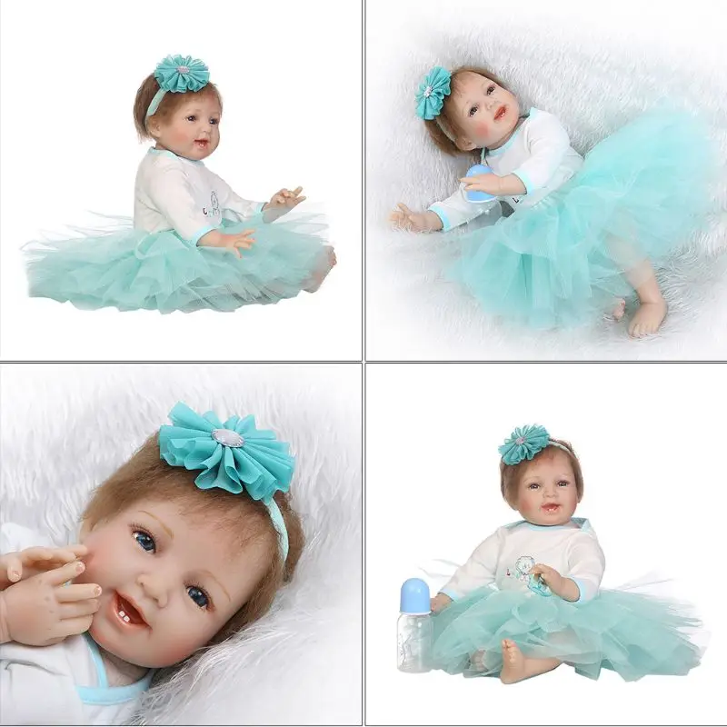 

22inch Silicon Lifelike Smiling Doll White Light Blue Mesh Dress Flower Headband Early Childhood Kids Baby Toys