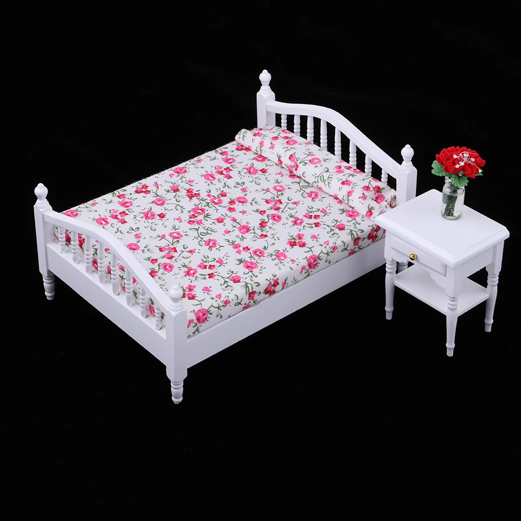 

1:12 Scale Wooden Floral Bed + Cabinet + Flower Vase, Dollhouse Furniture Set