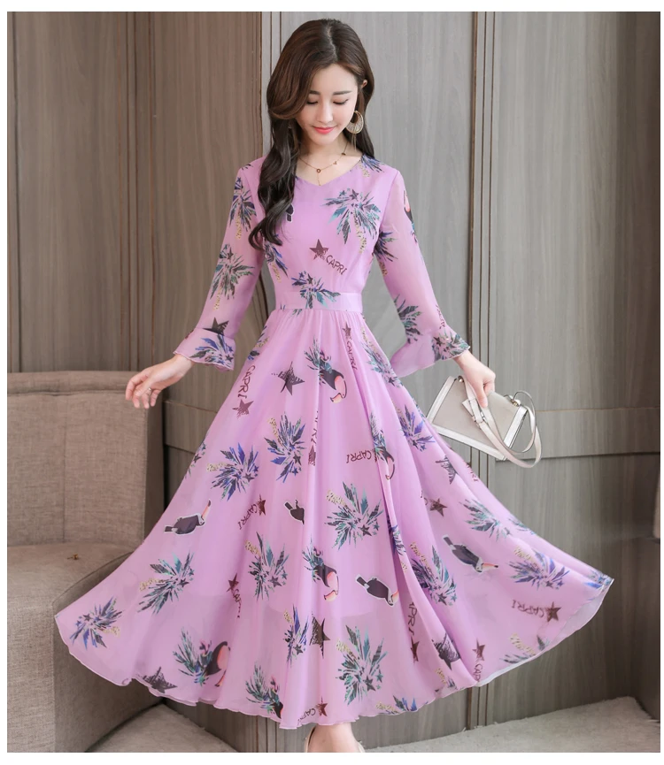 High quality Autumn New Arrival Plus Size S-XXXL Fashion V Collar Flare Sleeve Flower Printed Woman Long Chiffon Dress