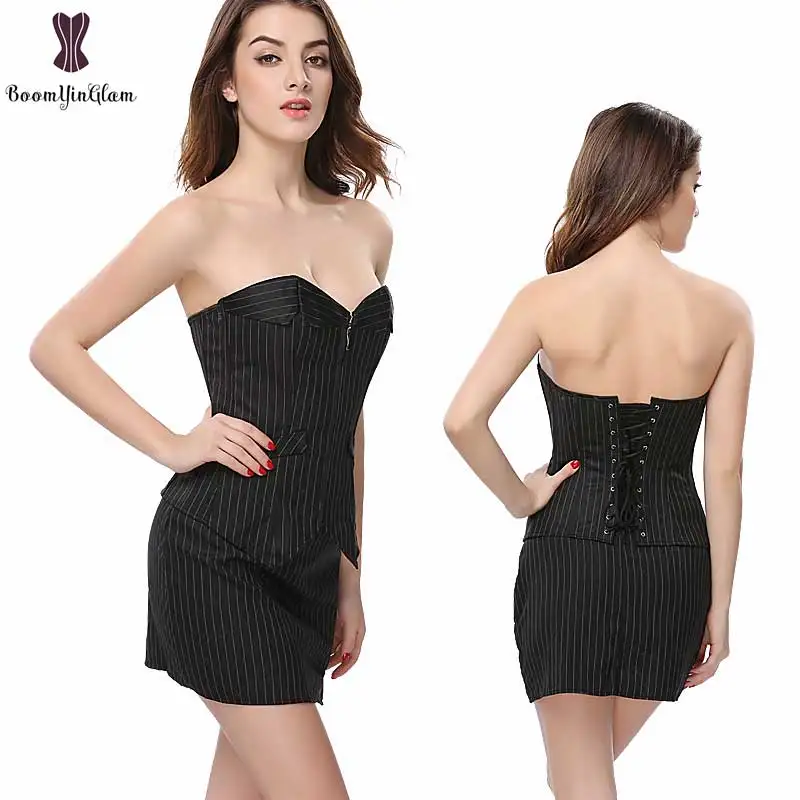 

Stripe Corset Dress Suit Front Zipper Closure Bustier With Skirt Office Lady Outwear Black Plus Size Corselet Women Daily Korset