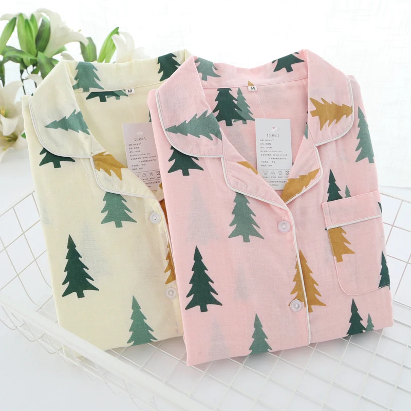 Christmas Tree Cottton Pajamas Women Two piece Pink Beige Lady