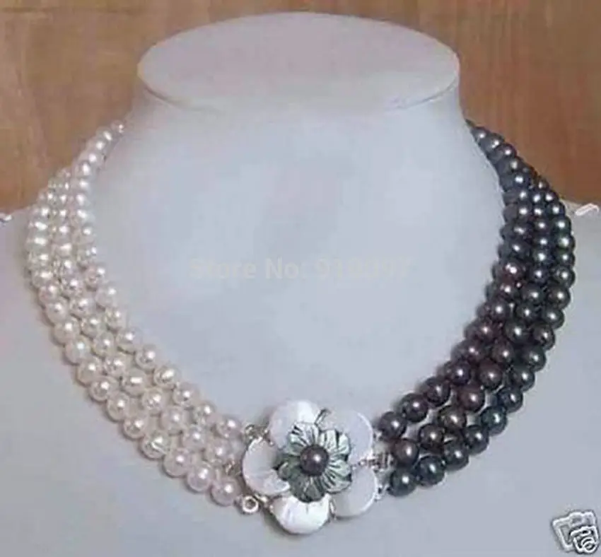 

54013>>>3row white & black pearl necklace shell flower clasp