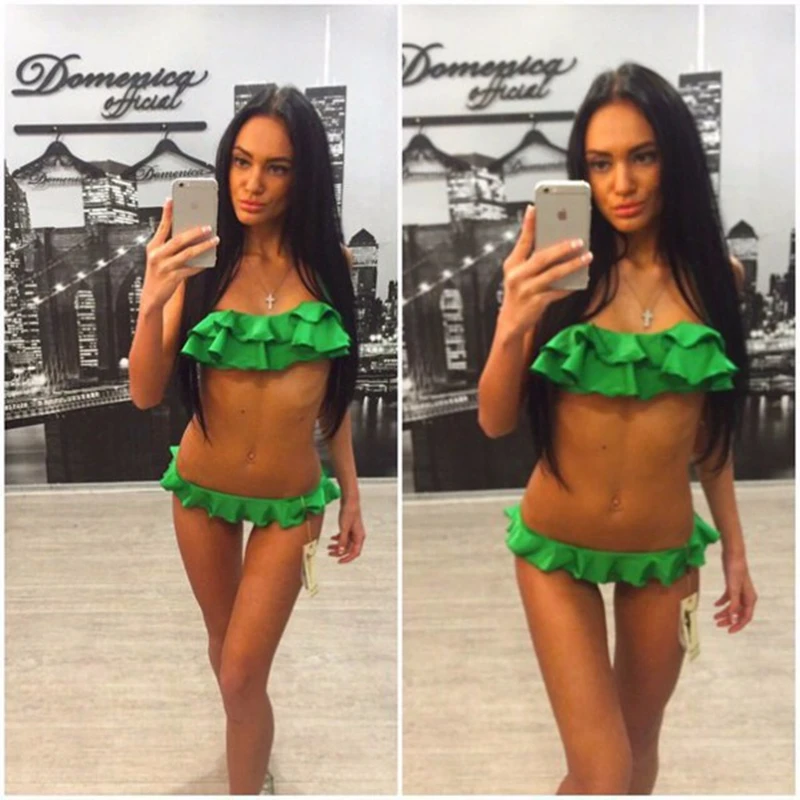 2017 Women Push Up Bikini Set Sexy Pleated Ruffle Biquini Brasileiro Bandeau Halter Swimsuits Female Flounced Low Waist Swimwear