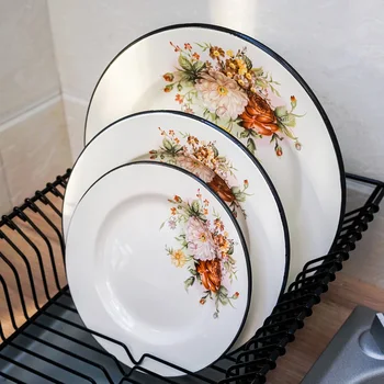 

European flower thickened porcelain enamel plate fruit pan round dessert dish non ceramic dish baking tray ovenware comal