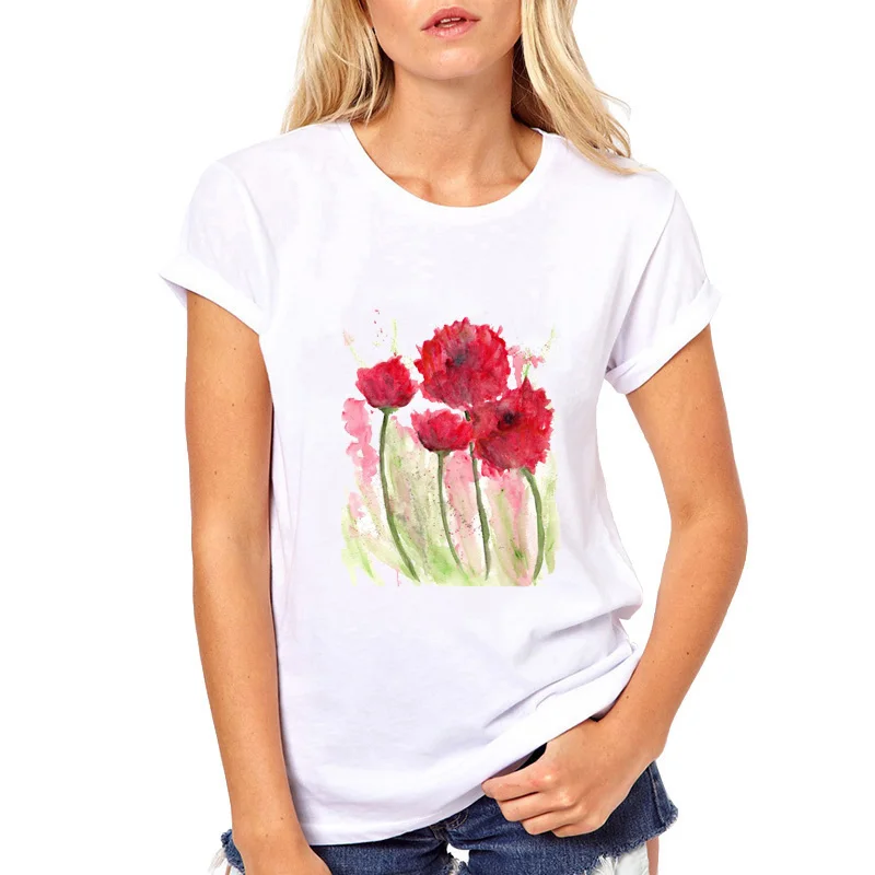 Cool Tee Watercolor Poppies FlowersT Shirt Women Summer Tops Female Causal Beautiful T-shirt Clothing Short Sleeve Tee For Girls