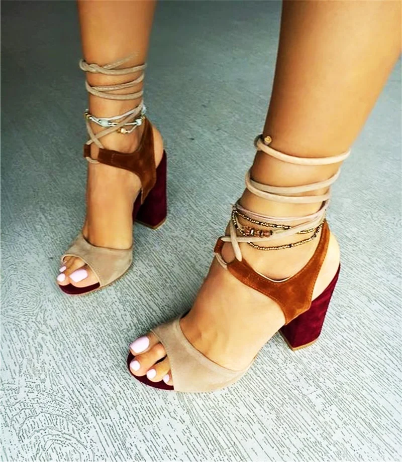 

Chunky Heel Lace Up Sandals Open toe flock material cut out narrow strap gladiator style summer shoes woman runway party shoes