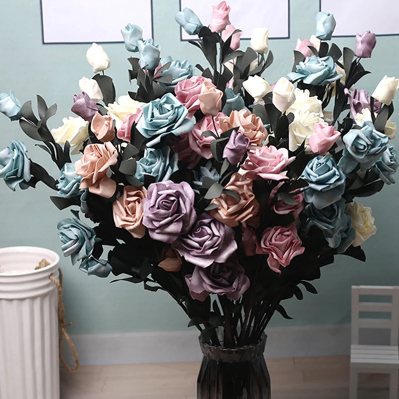 10PCS 5 Heads Artificial PE Rose Flower Fake Flowers Bouquet for Wedding Party Xmas Home Table Decoration 69CM Rose Flowers