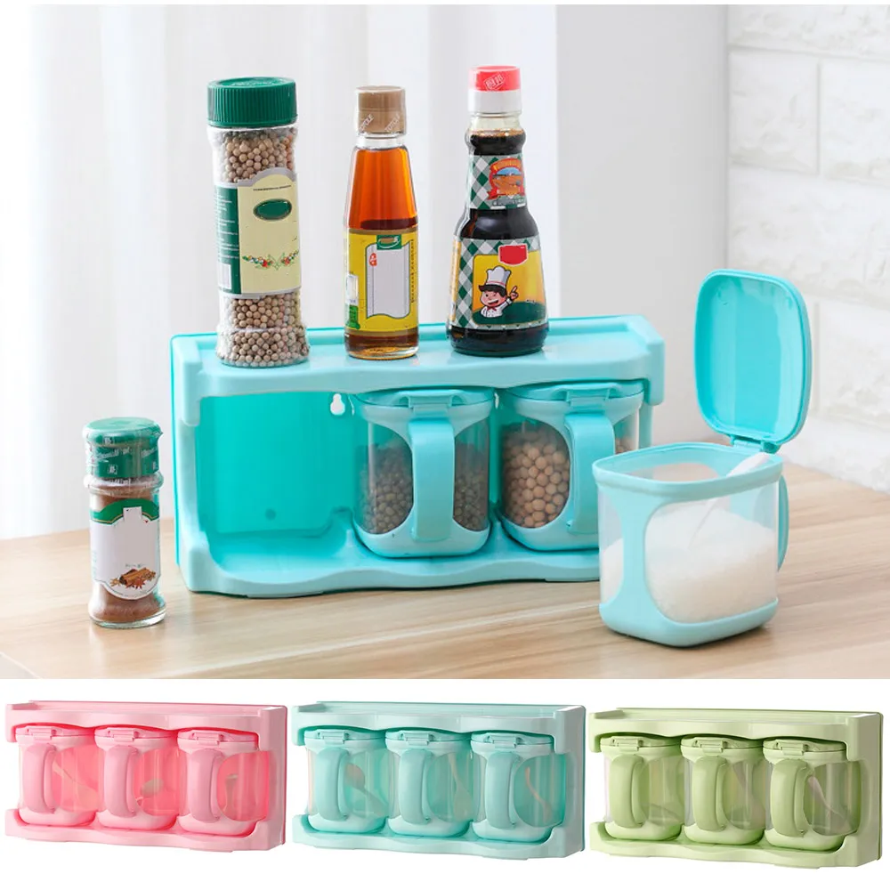 

3 Grid Spice Jar Seasoning Box Plastic Condiment Bottles Sugar Salt And Pepper Shakers Storage Box Kitchen Tools