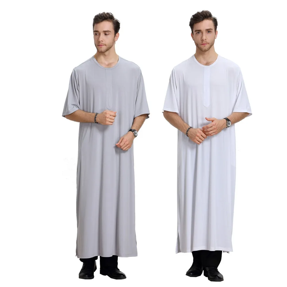 Summer New Fashionable Arabic Thobe Mens Islamic Muslim O-Neck Short Sleeve White Clothing kaftans For Men Dubai Robe Clothes