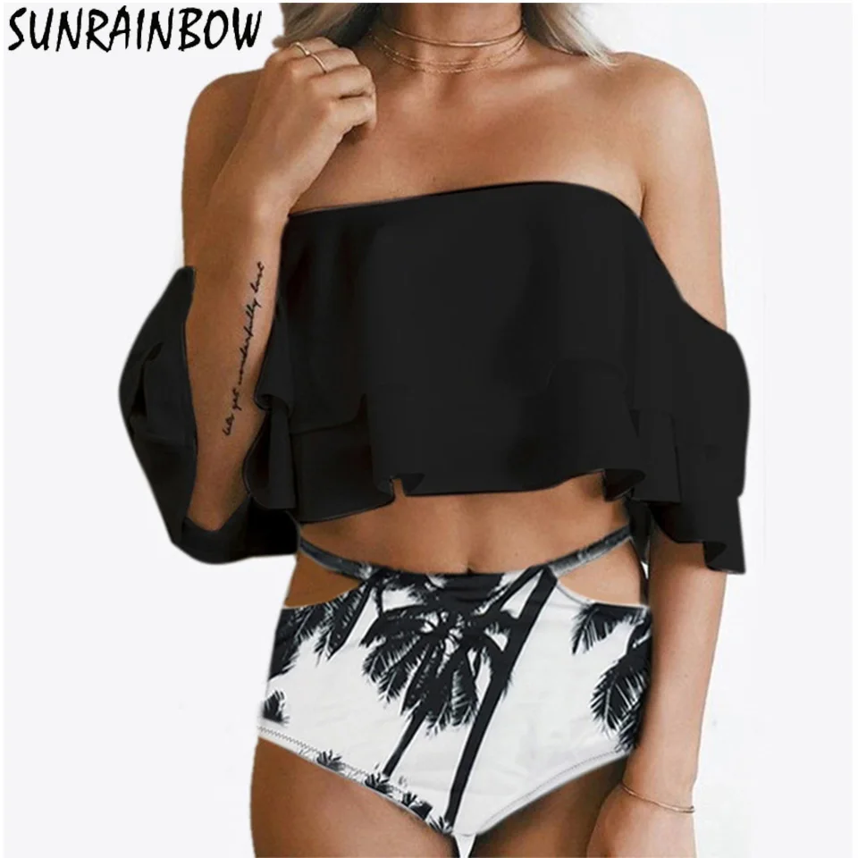 

SUNRAINBOW 2019 New Push Up High Waist Swimsuit Bikinis Women Bikini Set Off Shoulder Swimwear Vintage Retro Halter Bathing Suit
