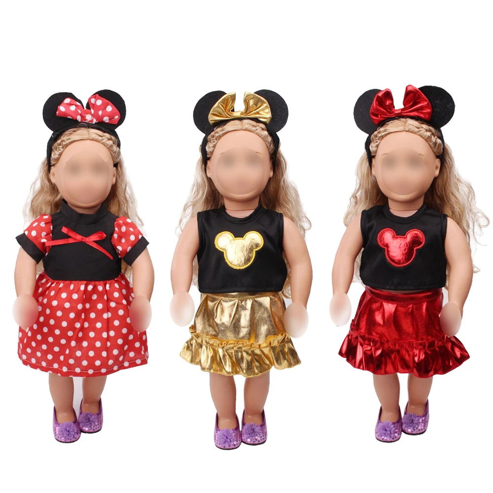 

18 inch Girls doll dress Cute Mickey suit + Mouse ear hair band American new born clothes Baby toys fit 43 cm baby c545