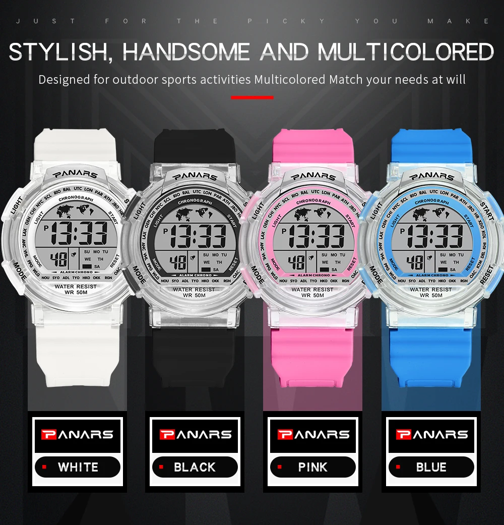 Children's Watches 50m Waterproof PANARS LED Multifunction Dual Tim Digital Kids Wrist Watches Children Watch For Boy Girl