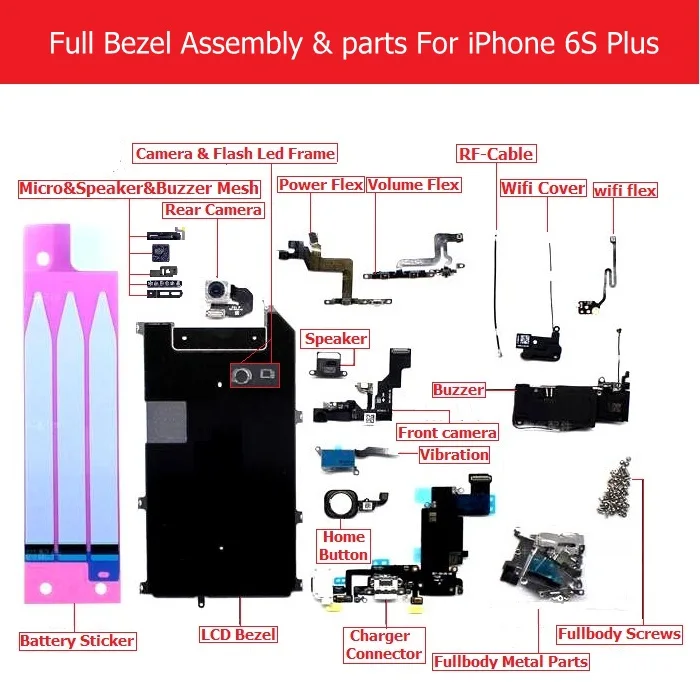 Полный набор ободок в сборе для iPhone 6 6p 6s 6s p Зарядное устройство usb/lcd ободок/камера/динамик/вибрация/винт/кронштейн/зуммер/wifi запчасти