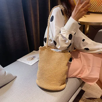 

Casual Straw Bucket Bags Rattan Woven Women Shoulder Bags Wicker Barrel Female Handbags Large Capacity Summer Beach Travel Purse