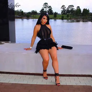 

Sexy Bandage Dress Women Black Feathers Spaghetti Strap Bodycon Mini Club Party Dress Vestidos Fashion Turtleneck Summer Dress
