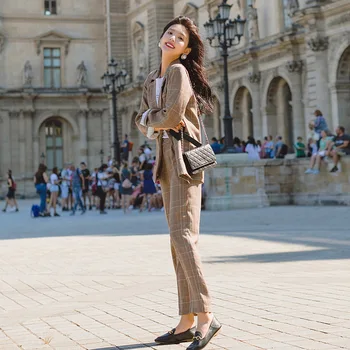 

New arrival women temperament fashion solid simple simple loose suit slim pant comfortable thick warm outdoor plaid pant suits