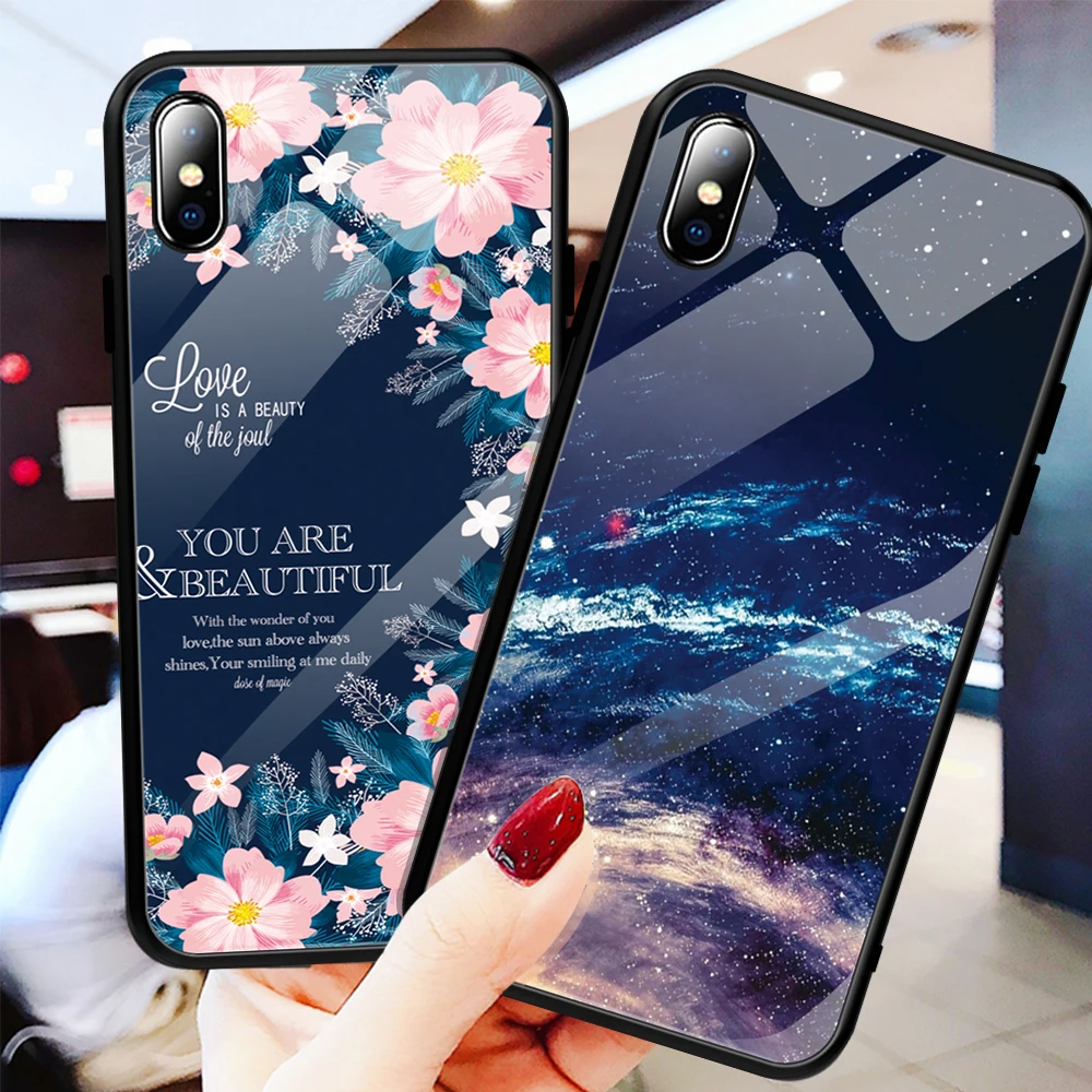 GerTong Tempered Glass Phone Cases For iphone 8 7 6 6S plus X XS Max XR Anti-knock Scenery Glass Back Cover for iphone 7 case