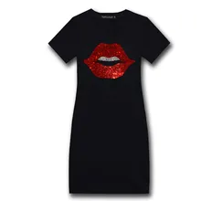 Шикарное длинное платье-футболка с круглым вырезом, украшенное блестками и рисунком красных губ, летние футболки с бриллиантами,, платье с короткими рукавами, топы